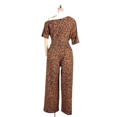 China Anti-Static Inclined Shoulder Short Loose Leopard Print Sleeve Wide Leg Pants With Belt Plus Size Women's Overalls Body Suit S-5XL for sale