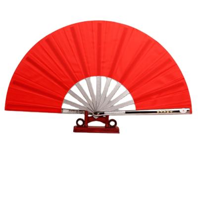 China Slip Proof Handle Tone Alloy Heavy Opening Frame and Materials Plastic Specific Ribs Red Cloth Hand Fan Ribbed Hand Fan for sale