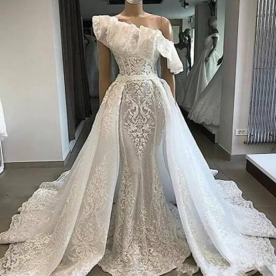 China ZH3814G 2022 Breathable One Shoulder Luxury Lace Wedding Dresses With Detachable Court Train Applique Mermaid Wedding Dress for sale