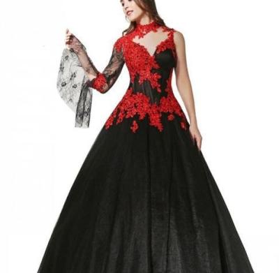 China ZH1545X Breathable Gothic Black And Red Wedding Dresses 2022 New Design Floor Length Beads Applique One A Line High Sleeve Lace Tulle for sale