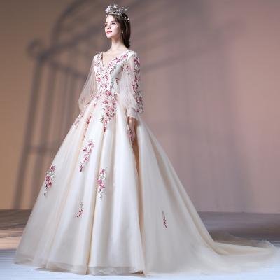 China ZH0955E Retro Style Breathable Courtly Women Lace Up Long Sleeve V Neck Ball Gown Wedding Dress Floral Wedding Dress for sale