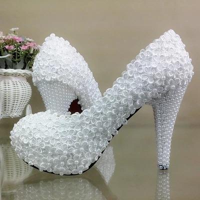 China ZH1136X Quick-drying lace news white platform pearl bridal shoes flowers high wedding shoes bridesmaid shoes for sale