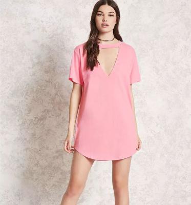 China ZH1137E Women Hollow V Neck Pink T-shirt Breathable Sexy Pink Short Sleeve Mini Dress Casual Dress for sale