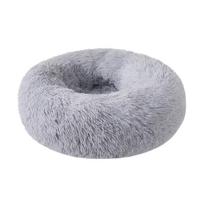 China Long Round Faux Fur Pet Bed Comfortable Plush Donut Comfortable Round Dog Bed Soft Washable Cat Bed Removable Deluxe Pet Cushion for sale