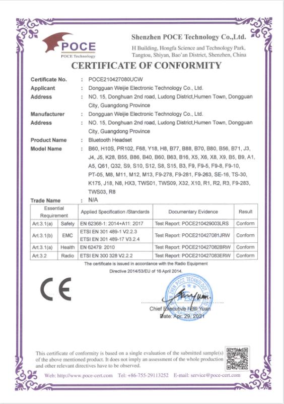 CE - Dongguan Weijie Electronic Technology Co., Ltd.