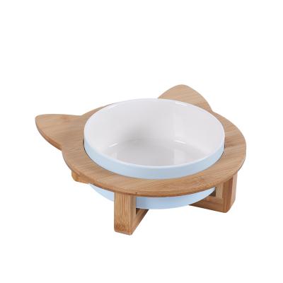 China Factory Non-automatic Colorful Tangled Stock Bowl Ceramic Pets With Wooden Rack Wooden Frame Pet Cat Dog Ceramic Bowl for sale