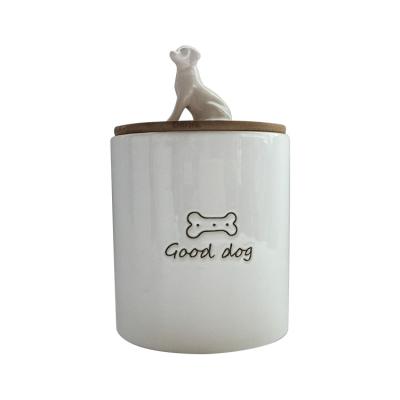 China Automatic Personalized Ceramic Pet Food Storage Container Jar Cookie Jar With Lid Bamboo Dog Shape Pet Snack Jar for sale