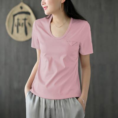 China Wholesale Custom QUICK DRY V Neckline With Big Logo Shirts 100% Stretch Cotton T-Shirt For Women Top LadiesPlain for sale