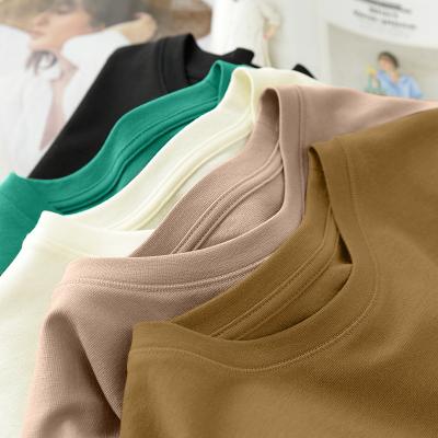 China Anti-Wrinkle Sleeve Women T-shirt Top High Stretch 4 Color Brown Color Pure Polyester Loose Crewneck Shorts for sale