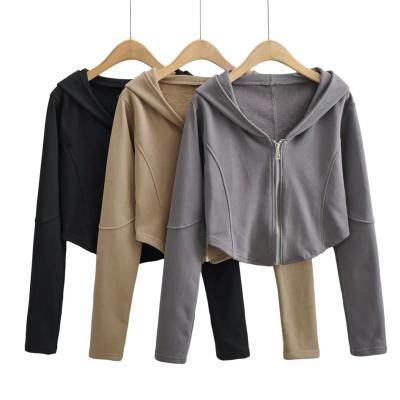 China Solid color zipper coat cardigan tops from the fall of the anti-pilling edge zipper curved short hooded women sweater new for sale