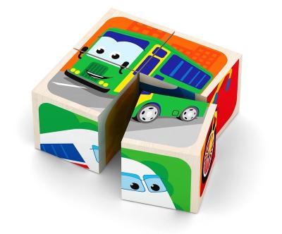 China Wooden Block Cube Puzzle Toys 9pcs 4 Sides Vehicles For Children Play 11.5*4.5*12.2cm for sale