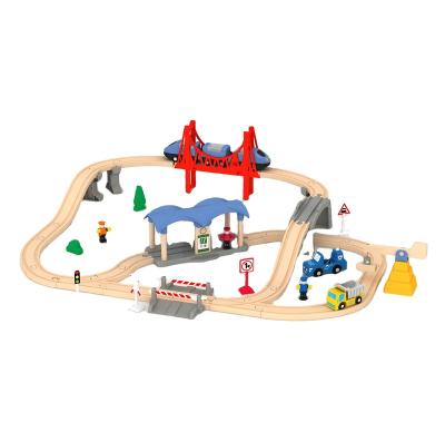 China 2022 Slot Toy Toys Train Track Set Railway City 50pcs Wooden Modern Slot Toy 118*75*17 Color Box for sale