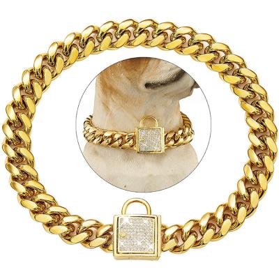 China Solid Cuban Dog Collar Chains 18K Gold Stainless Steel Fast Version 14mm Big Bully Chain Dog Bully Mine Chain Luxury Pet Leash for sale