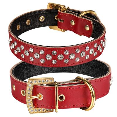 China Custom Luxury Rhinestone 3 Row Bling Leather Crystal Diamond Dog Collar With Gold Rhinestone Buckle for sale