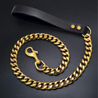 China Customized Luxury Cuban Dog Leash Customized Gold Dog Lead Metal Chain Choke Lead With Padded Leather Handle for sale