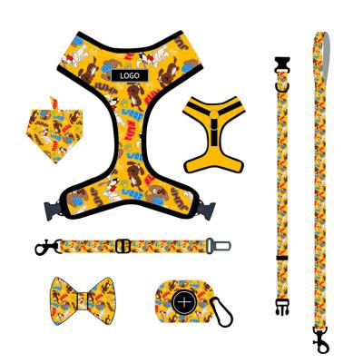 China Stocked 7Packs Personalized Luxury Floral Dog Harness Set Adjustable Dog Harness And Leash Sets Reversible for sale