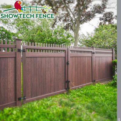 China Easily Assembled Wooden Grain Chestnut Color PVC Picket Privacy Fence for sale