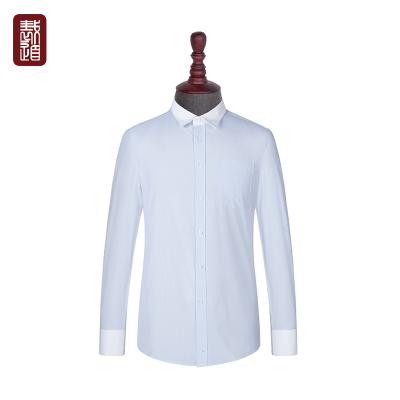 China Anti-pilling Mens CVC Long Sleeve Shirts Blue Stripe Office Shirts for sale