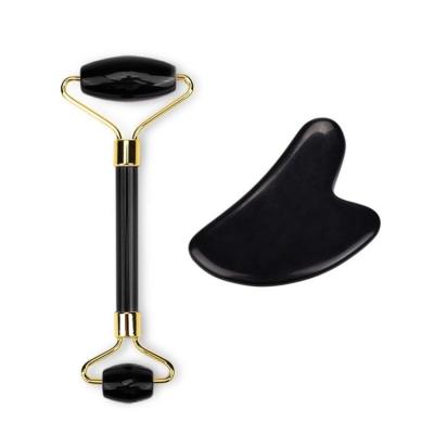 China Wholesale Good Quality Face Lift Jade Roller Face Massager Obsidian Jade Roller And Gua Sha Anti Aging Black Tool Kit for sale