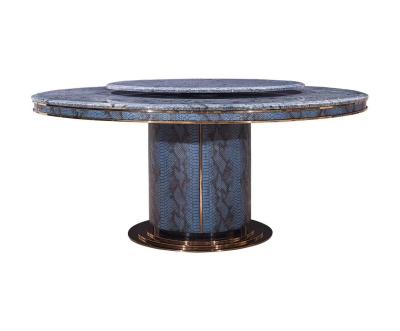 China Post Modern High End Luxury Hub Dining Room Set Blue Marble Top Dinner Table with Python Skin Leather Villa Furniture for sale