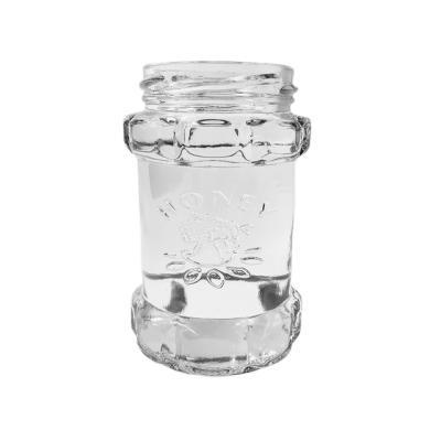 China Embossed Food Jar 250ml Glass Jar 58mm HOOK Glass Tops For Jams Freeze Ketchup Pickles Honey Jar for sale