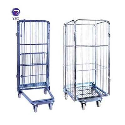 China High Quality Durable 4 Sides Warehouse Galvanized Industrial Foldable Wire Mesh Cage Rolling Trolley for sale