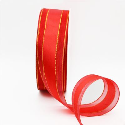 China Viable Factory Wholesale Customized 38mm Center Satin Nylon Organza Ribbon With Gold Thread for sale