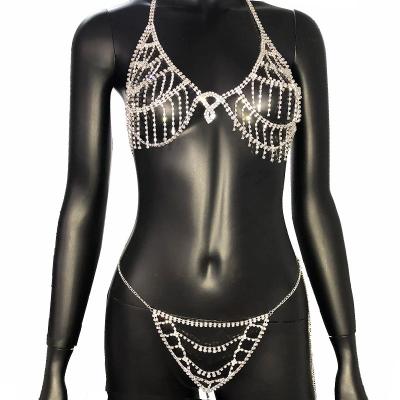 China FASHIONABLE sexy flash body drill chain set metal fringe exaggerated bikini set party sex accessories for sale