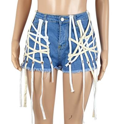 China Summer High Waisted Bandage Women's Breathable Blue Jeans Denim Shorts Pants Women's Jeans Denim Shorts Hot Pants for sale