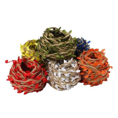 China Decor DIY 10m Natural Jute Twine Burlap Leaf Ribbon Jute Vine With Artificial Leaves For Crafts Simulated Green Leaves Jute Twine for sale