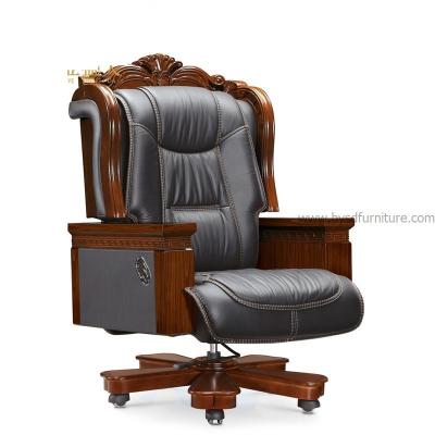 China Executive Chair Luxury Black Genuine Leather Office Boss Chairs With Teak Wood Armrest (HY-A010) for sale