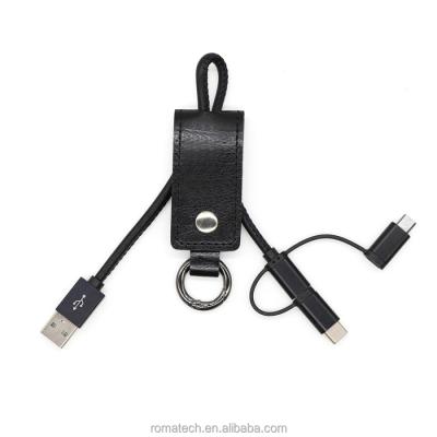 China Multi Function Data Transfer Cable Fashion Leather 3 in 1 USB Cable Key Chain Data Charger Fast Charging Leather Cable for sale