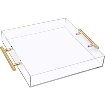 China 12x12 Luxury Clear Acrylic Serving Tray with Gold Handle, Clear Place Plastic Food Serving Tray for Home Decor for sale