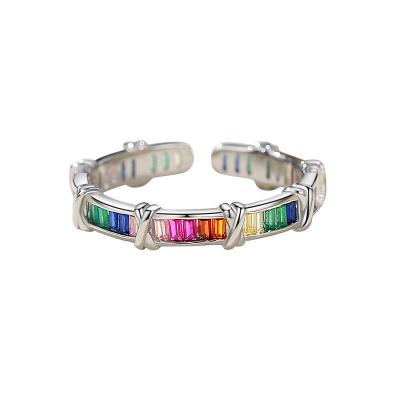 China Mother's Day Eco-Friendly Gift Jewelry Vintage Baguette Multicolor Zircon 925 Sterling Silver Fashion Rainbow Rings for sale