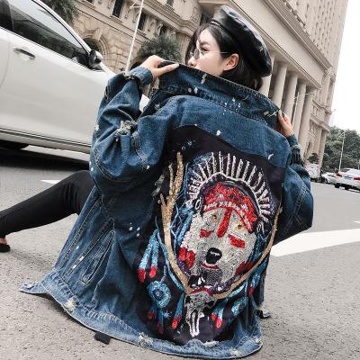 China Autumn Beaded Wolf Totem Sequins Breathable Ripped Casual Denim Top Jacket Women Long Sleeve Jeans Jacket for sale