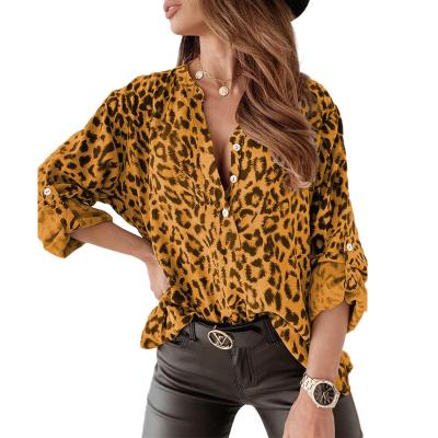 China 2022 High Quality Main Grassland Stand Collar Stand Collar Leopard Print Long Sleeve Blouse Women Skirts And Blouse Breathable 1 Piece Women for sale