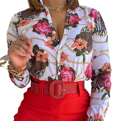 China 2022 breathable high quality printed stand collar with long sleeve plus size women's blouses and shirts for women office blouse for sale