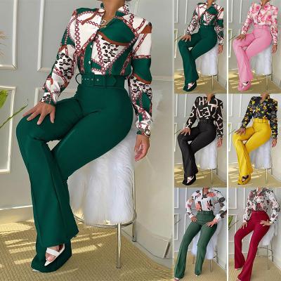 China Anti-pilling Autumn Winter Women's Leisure Sexy Suit Printed Stand Collar Long Sleeve Wide Leg Shirt Jacket Pants Two Pieces Suits for sale