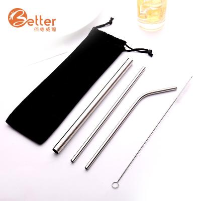 China Durable Drinking Straws Stainless Steel Metal Sets Tea Straws With Cleaning Brush In Cloth Bag for sale