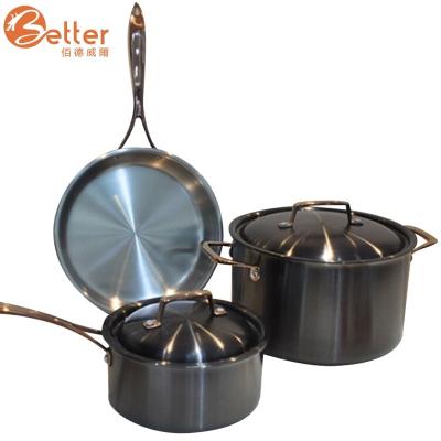 China Sustainable Masterclass Premium Camping 304 Stainless Steel Kitchenware Cast Iron 3 Pcs Cooking Pot Non Stick Cookware Sets for sale