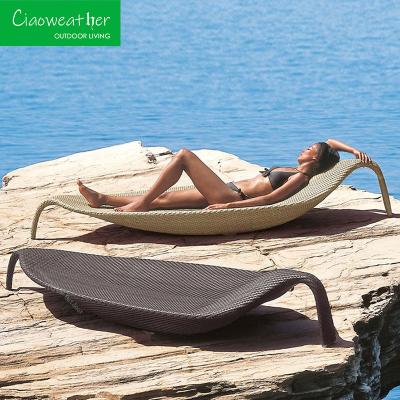 China Folded NO Outdoor Pool Leaf Design Waterproof Thick Aluminum Frame PE Rattan Hand Woven Daybed Chair Sun Bed Chaise Loungers for sale