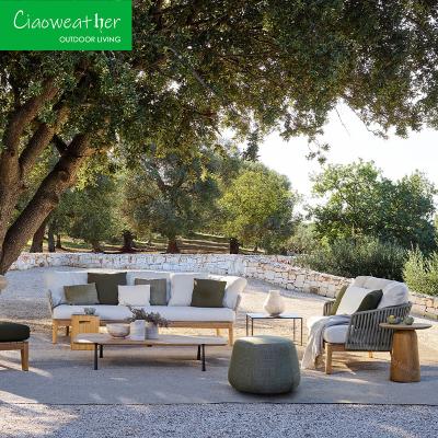 China Modern Outdoor Furniture Sofa Set Customised Outdoor Rope Woven Teak Sofa Simple Solid Wood Leg Sofa Garden Set for sale