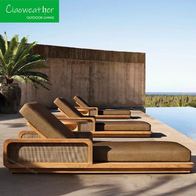 China Hotel Function Patio Garden Outdoor Furniture Weathered Solid Wood Daybed Lounge Chaise with Waterproof Cushions for sale