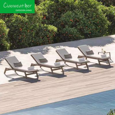 China Muebles de exterior Material de marco de madera de teca Jardín sólido Modernas camas de sol Chaise de playa tumbonas de ocio en venta