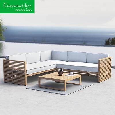 China Customized Color OutdoorFoam Water-resistant Fabric Cushion Teak Wood Outdoor Patio Furniture Waterproof Teak Garden Sofa Set for sale