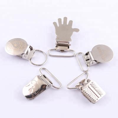 China Garment Accessories Customized Creative Logo Shape Metal Suspender Clips 20mm 25mm For Garment for sale