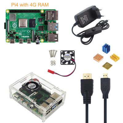 China For Optional Raspberry Pi 4 B 5V 3A Development Power Adapter Acrylic Case Fan HMDI Cable SD Card Heatsink 16/32G Model B for sale