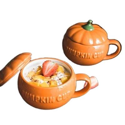 China Viable Pumpkin Mug With Lid Cute Halloween Mug Novelty Mug Ceramic Coffee Mug For Soup Tea Milk for sale