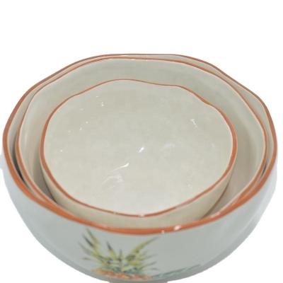 China Sustainable ceramic salad /fruit bowl with pineapple print set of 3 for sale