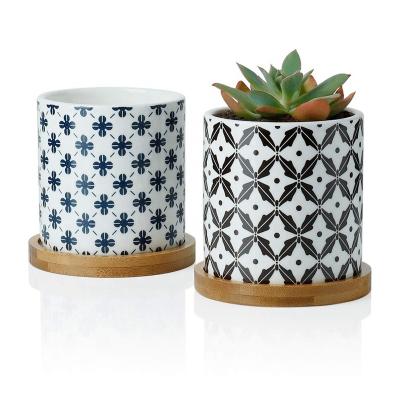 China Modern Ceramic Planter For Cactus / Succulent Flower Pot Planting With Bamboo Trays for sale